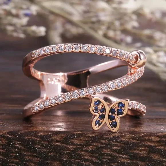 New Women’s Rose Gold Plated Butterfly Sapphire Ring - Picture 2 of 6